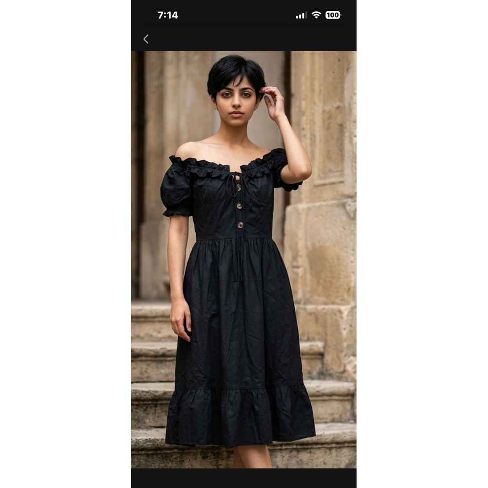 CBR Black Ruffle Off Shoulder Puff Sleeve Tiered Midi Dress Womens Size M
